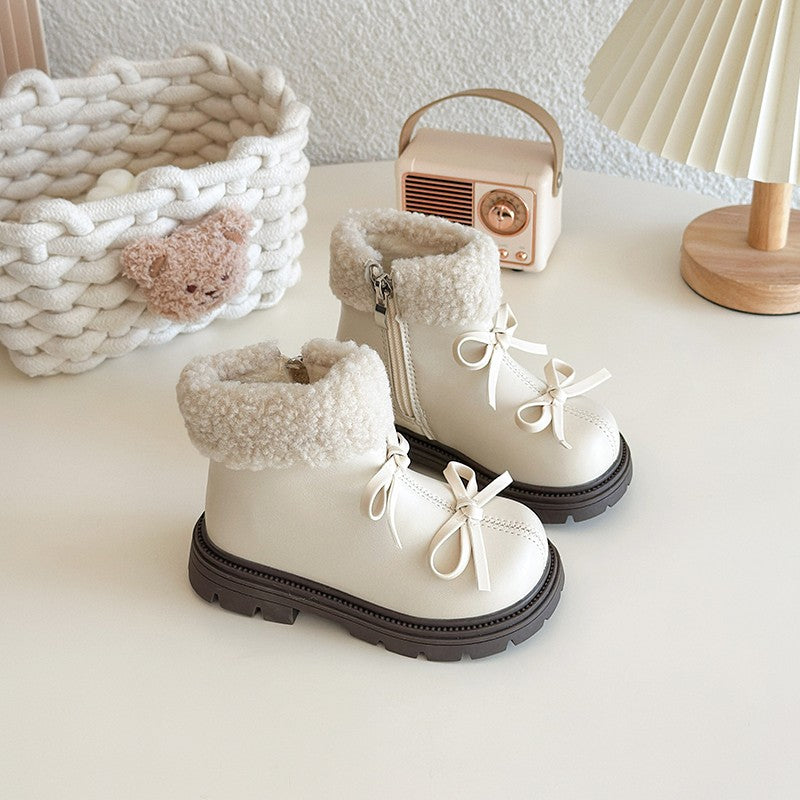 Girls Padded Fashion Leather Boots 2-18 Years Old Thickened Bow Hairy Girls Cotton Shoes Winter Beige Soft Non-slip Kids Boots