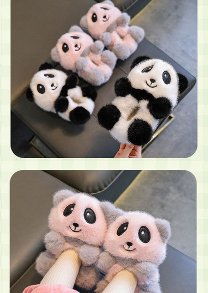 Cute panda children's slippers girls indoor slip on shoes, 2025 cartoon animal fur slippers house children flip flops