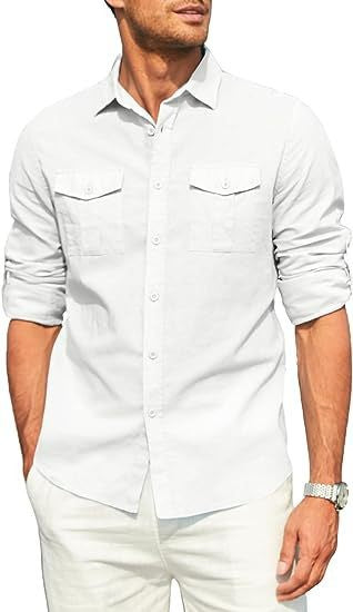 Business Men's Single-breasted Shirt Double Pocket Cotton Linen Long-sleeved Shirt Casual Vacation Shirt