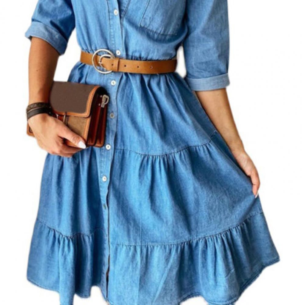 Denim Dress Three Quarter Sleeve with Belt Turn-down Collar Spring Autumn Buttons Ruffle Jeans Dresses for women 2025
