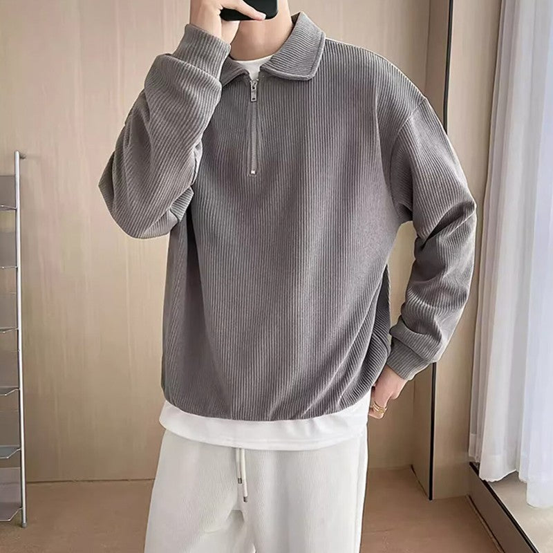 Autumn Vintage Polo Collar Sweater Men's Thickened Loose-Fit Half Zipper Knitwear New Anti-Pilling Flip Pullover Knit Sweaters