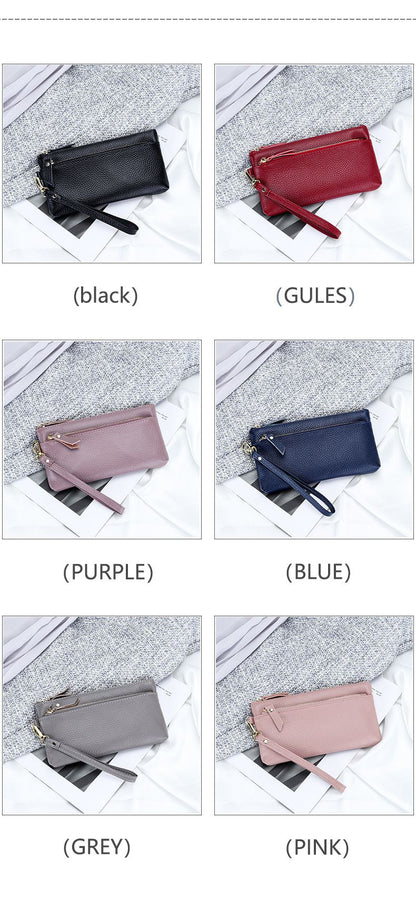 Women's Wristlet Clutch Purse Genuine Leather Clutch Cellphone Smartphone Long Wallet Vintage Purse Travel Double Zip Wristlets
