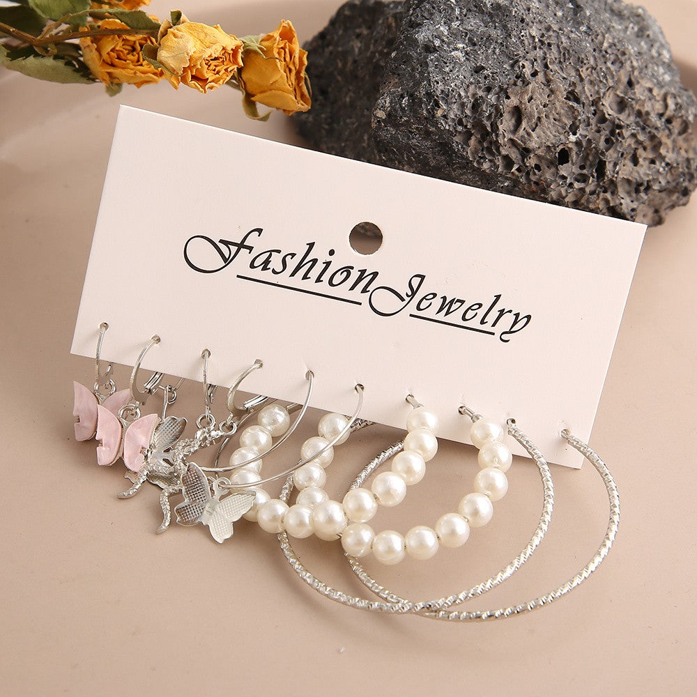 Brincos Grandes de Argola Redonda Cor Prata com Pérolas para Mulheres e Meninas, Brincos Pendentes de Cobra e Borboleta, Conjunto de Joias Y2K Femininas