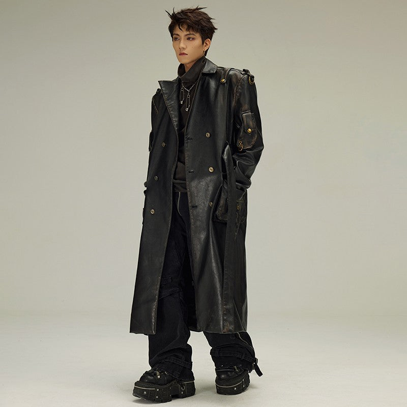 Mauroicardi Spring Autumn Long  Distressed Black Pu Leather Trench Coat Men Belt Double Breasted Luxury European Fashion 2023