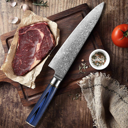 Conjunto de Facas de Cozinha 1-7 Peças, Aço Damasco Ultra Afiado para Chefe, Pão, Santoku, Desossar, Utilitárias, Lâmina com Padrão de Rosa Cabo G10 Azul