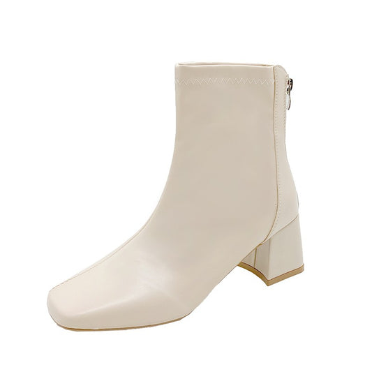 Casual Women's Thick Heel Medium Heel Boots Women's 2025 New Winter Square Toe Back Zipper Heightening Short Boots