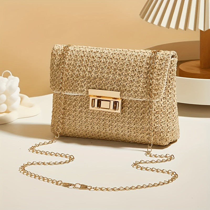 Women's Elegant Woven Straw Shoulder Bag, Multi-Functional Crossbody/Handbag with Polyester Lining Fashion Wallet Cute Small Bag
