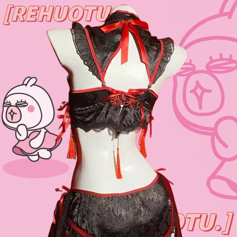 Gothic Vintage Cheongsam Lingerie Dress Maid Cosplay Uniform Lolita Lace Embroidery Underwear Set Sexy Halloween Sweet Costume