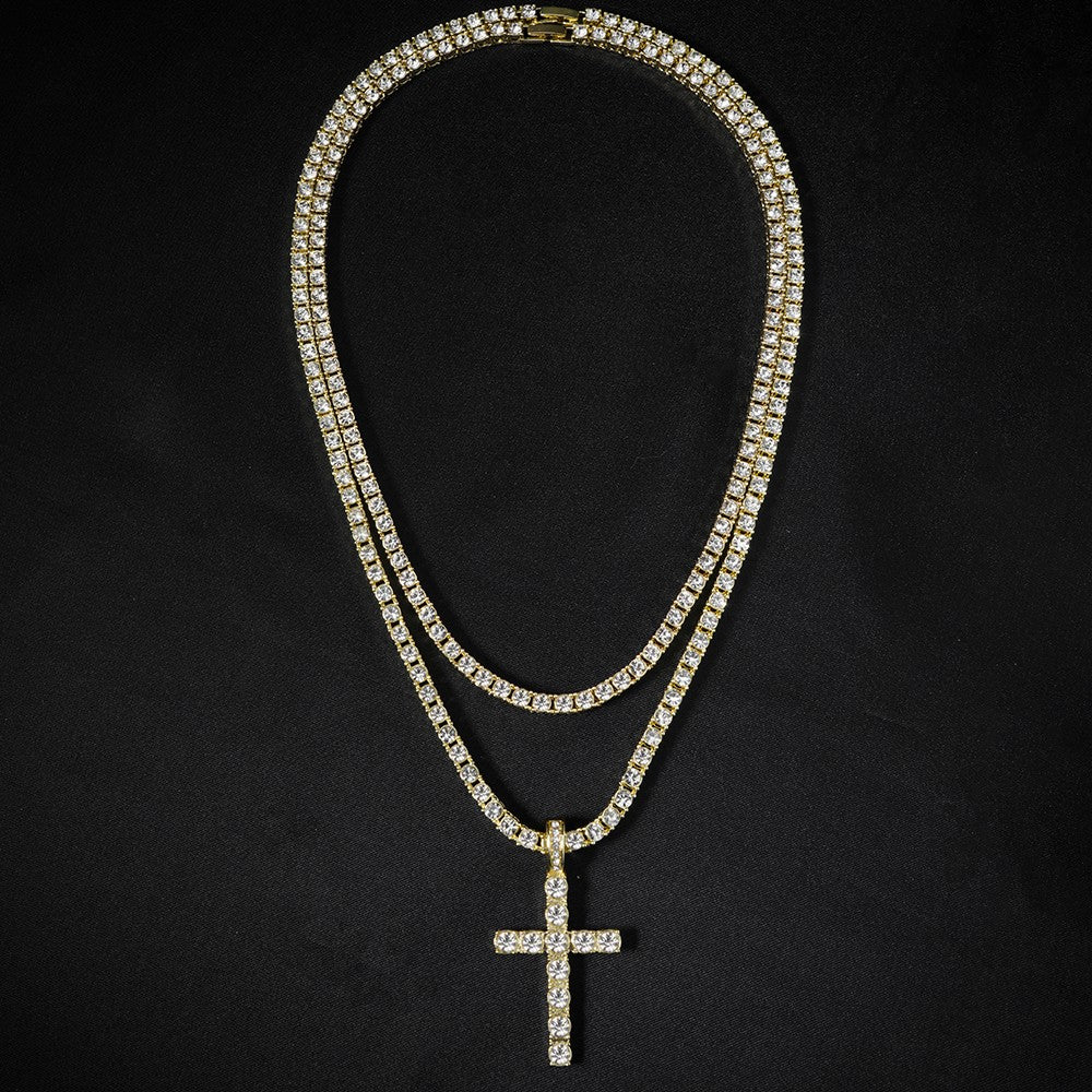 Colar com Pingente de Cruz Iced Out Hip Hop Alça Corrente de Tênis de Zircônia de 4mm Masculino Feminino Colar Brilhante Joia Punk Presente de Moda