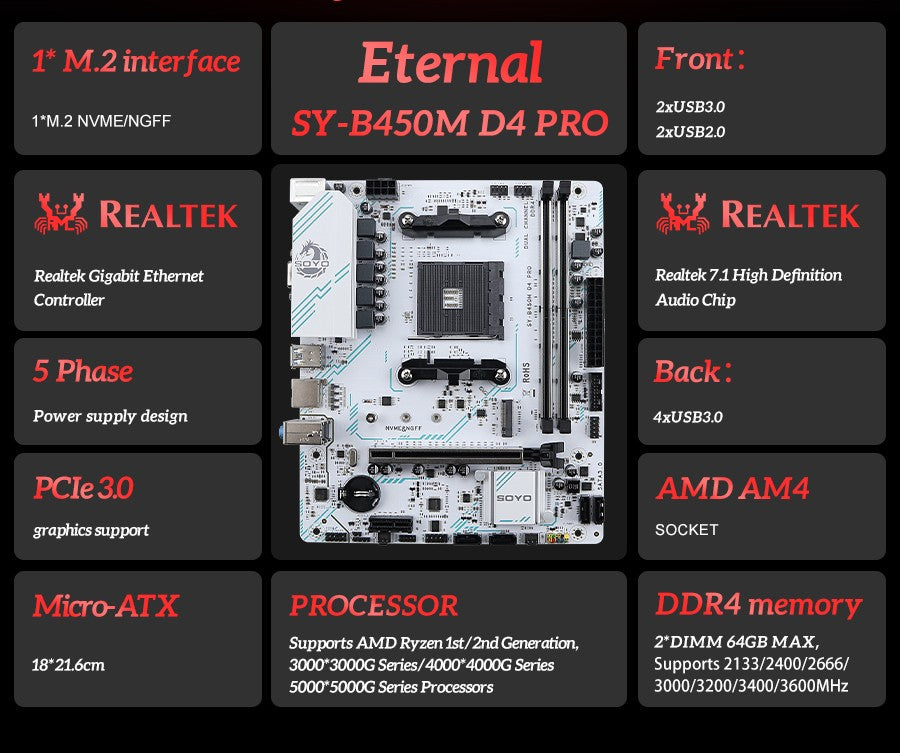 Placa-mãe SOYO Nova AMD B450M Memória DDR4 de canal duplo Placa-mãe AM4 PCI-E 3.0 NVME (suporta CPUs Ryzen 1000-5000 5600 5600G)