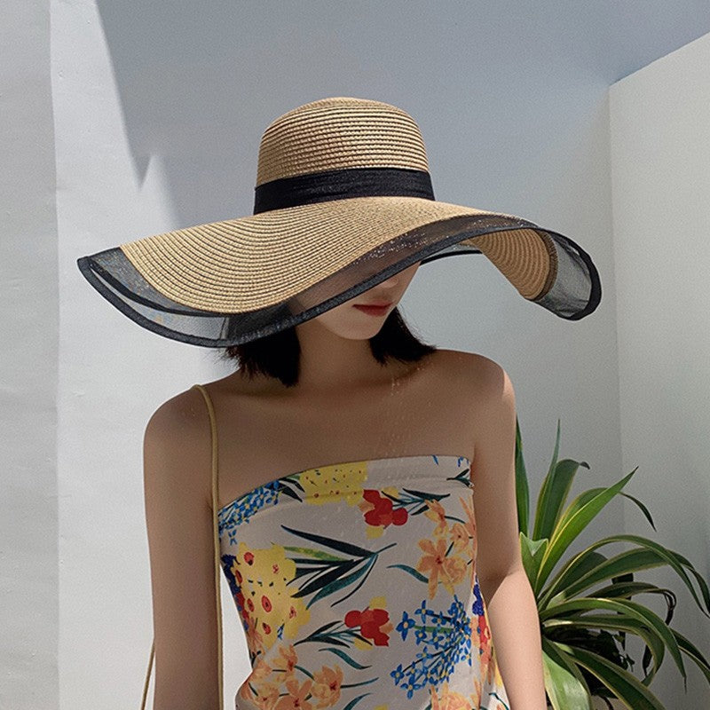 Chapéu de Sol Feminino, Aba Grande, Ondas, Boné de Praia, Chapéu Feminino, Viseiras de Sol de Aba Grande, Boné Panamá com Proteção UV, Chapéu Dobrável de Palha, Protetor Solar Vintage