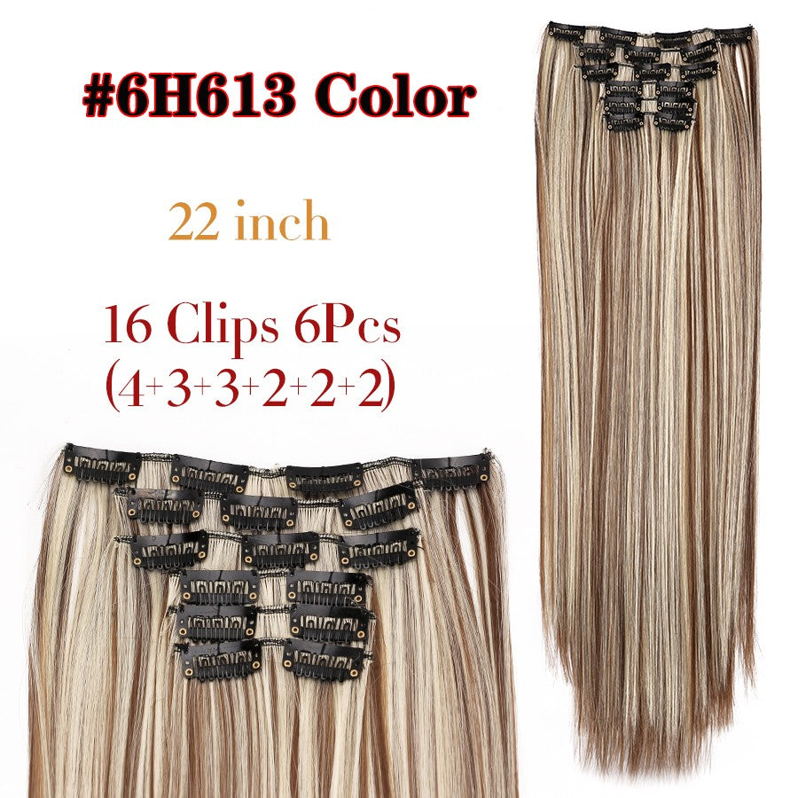 22 Polegadas Sintético Cabelo Liso Longo 16 Clipes 6 Peças/Conjunto Apliques de Cabelo Loiro Preto Resistente ao Calor Para Mulheres