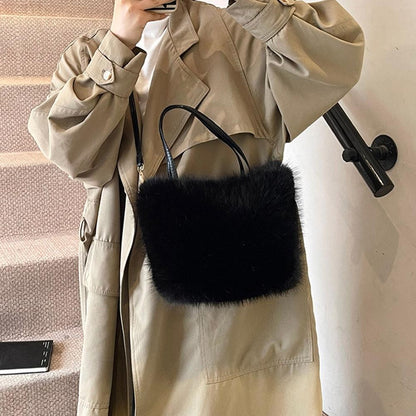 Faux Fur Tote Bag Women's Bucket Plush Light Luxury Ladies Handbags Soft Winter Crossbody Shoulder Bags
