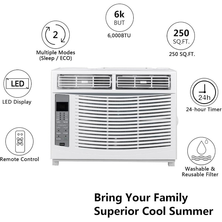 Ar Condicionado de Janela 6000 BTUs Unidade AC 3 em 1 para Janela Funciona como Refrigerador Desumidificador Ventilador com Timer Modo de Sono ECO Instalação