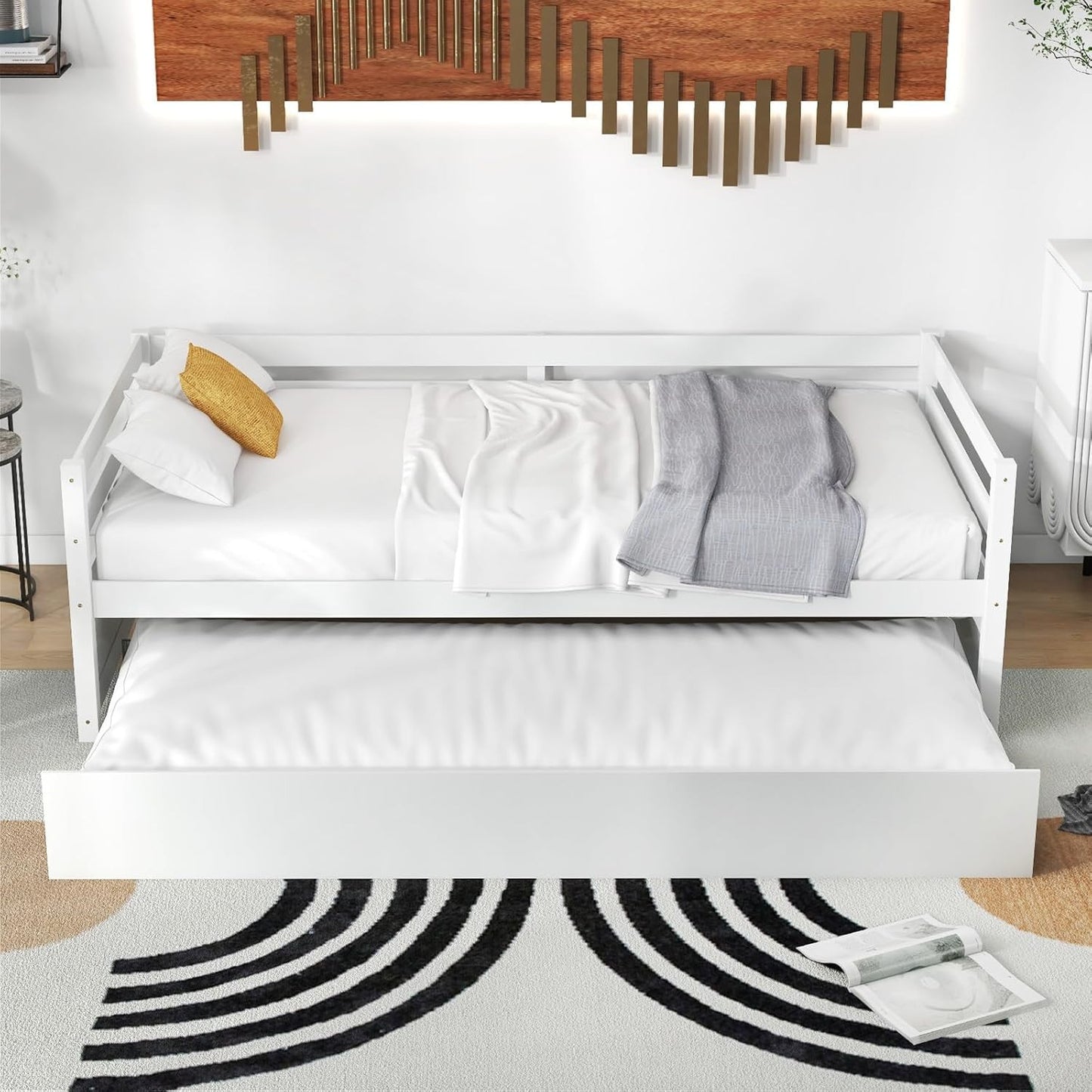 Twin Daybed with Trundle White, Wood Trundle Bed with Wood Slat Support, Mid Century Day Bed Frame for Living Room Guest
