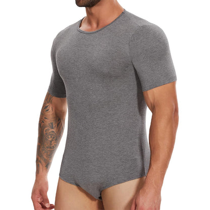 Men Short Sleeve Bodysuit Press Botton Crotch Shirt Pajamas Bodysuit Undershirts Leotard Top