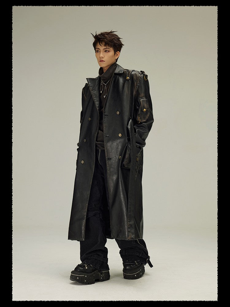 Mauroicardi Spring Autumn Long  Distressed Black Pu Leather Trench Coat Men Belt Double Breasted Luxury European Fashion 2023