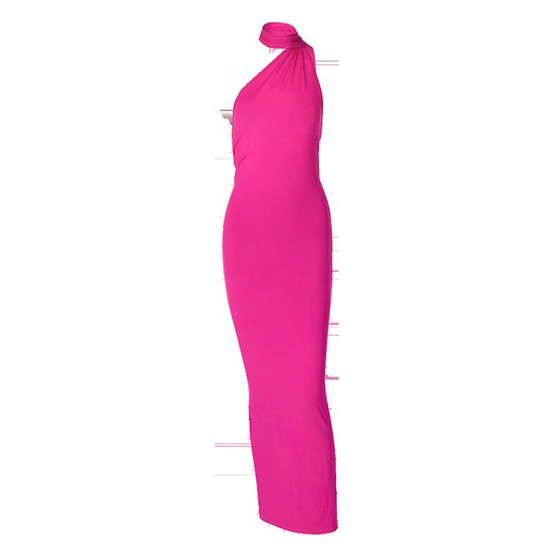 Hugcitar One Shoulder Backless Adjustable Scarf Loop Ruched Sexy Maxi Dress Wome
