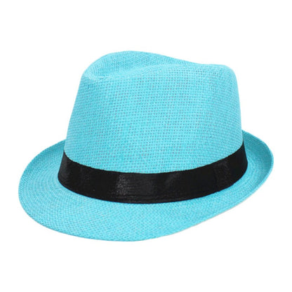 Fashion Unisex Women Men Straw Hat Ribbon Curling Brim Jazz Fedora Hat Panama Gangster Cap Outdoor Beach Parent-Child Sun Hats