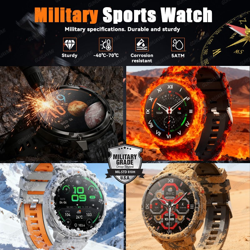 2026 New 1.7-inch Military sports SmartWatch 1100mAh large battery Outdoor compass flashlight 5ATM waterproof BT Call SmartWatch