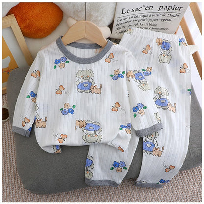 Kids Boys Girls Summer Cotton Thin Pajamas Cute Cartoon Print Long Sleeve T-shirt Tops+Pants Baby Clothing Sets