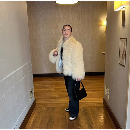 Fashion Solid Plush Faux Fur Coat Women Elegant Warm Long Sleeves Loose Jacket 2025 Lady Winter Chic High Street Outerwear ?