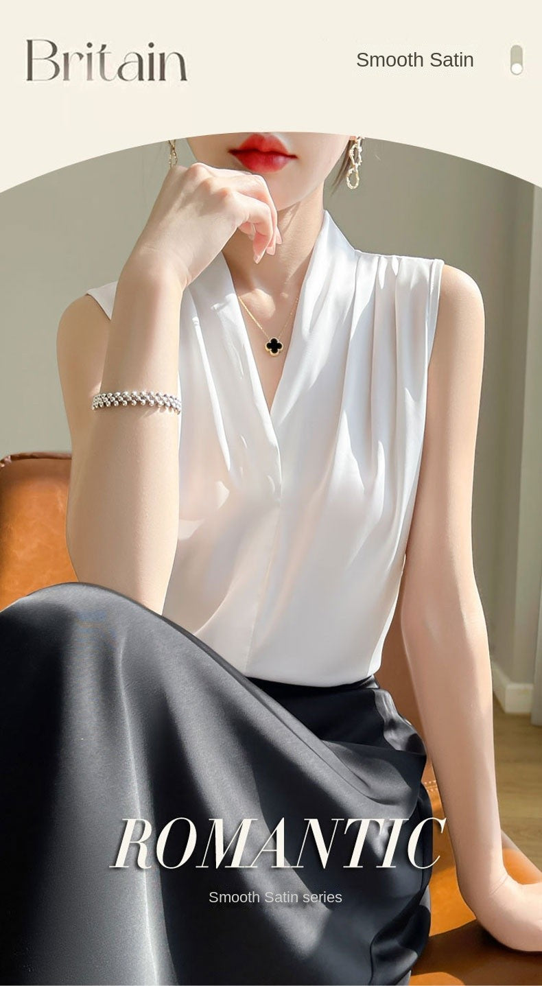 Womens Tops Blouses Solid Color White Satin Blouse Office Shirt Blusas Sleeveless Women Shirts Black White Female YTM A31