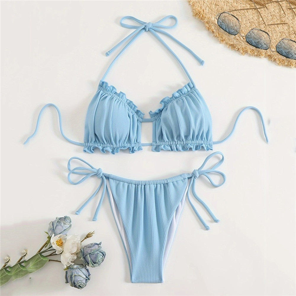 Light Blue Ribbed String Halter Swimwear Ruffled Bandeau Bikinis Sets Micro Thong Swimsuit Woman 2025 Bathing Suit Bikini Dames