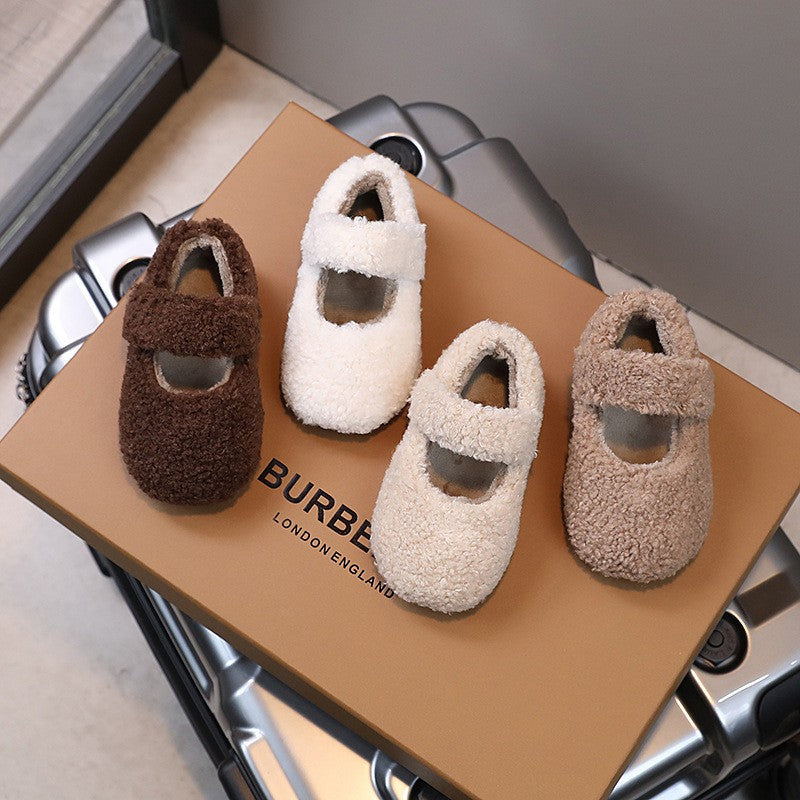 Children Fur Shoes 2024 Winter Kids Warm Plush Shoes For Girl Flat Loafers Moccasins Girls Casual Shoes Khaki, Beige