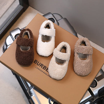 Children Fur Shoes 2024 Winter Kids Warm Plush Shoes For Girl Flat Loafers Moccasins Girls Casual Shoes Khaki, Beige