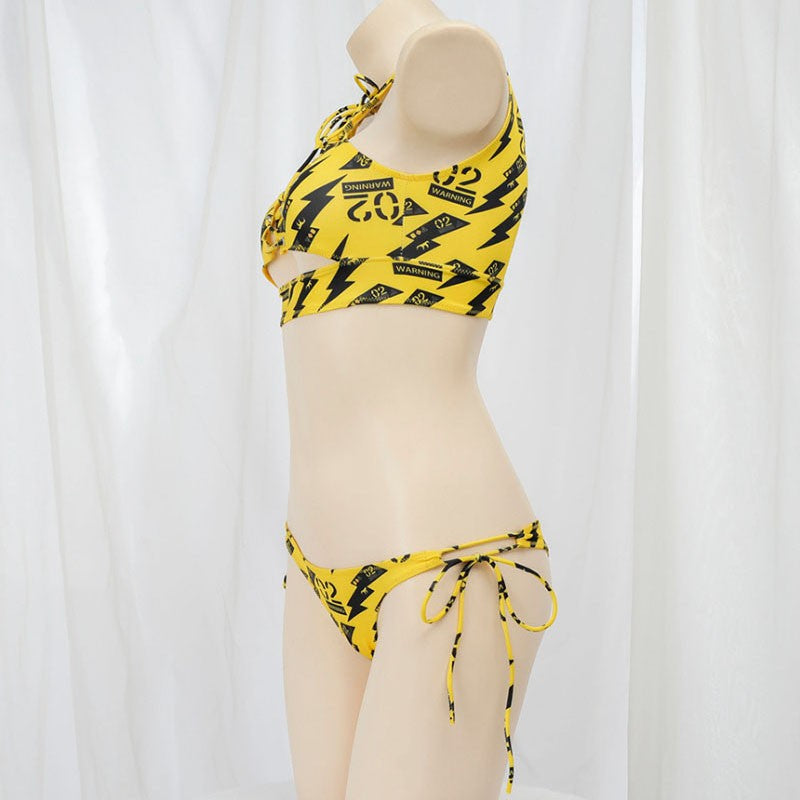 Anime Beach Girl Red Lip And Yellow Danger Warning Line Uniform Printing Bikini Swimsuit Underwear Women Outfits Cosplay Costume