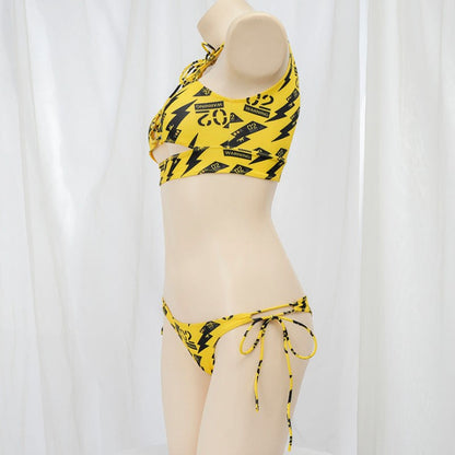 Anime Beach Girl Red Lip And Yellow Danger Warning Line Uniform Printing Bikini Swimsuit Underwear Women Outfits Cosplay Costume