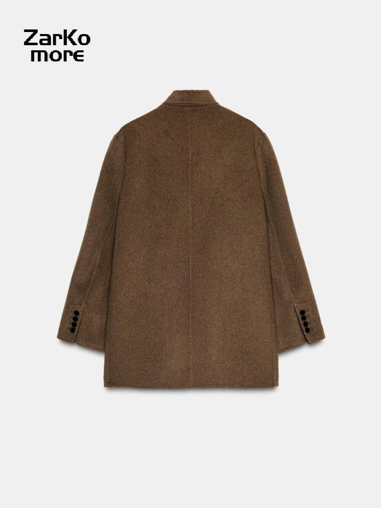 Fashion Brown Wool-blend Coat Women Stand Collar Long Sleeve One Button Pocket Warm Jacket 2025 Autumn Lady Chic Outwears New
