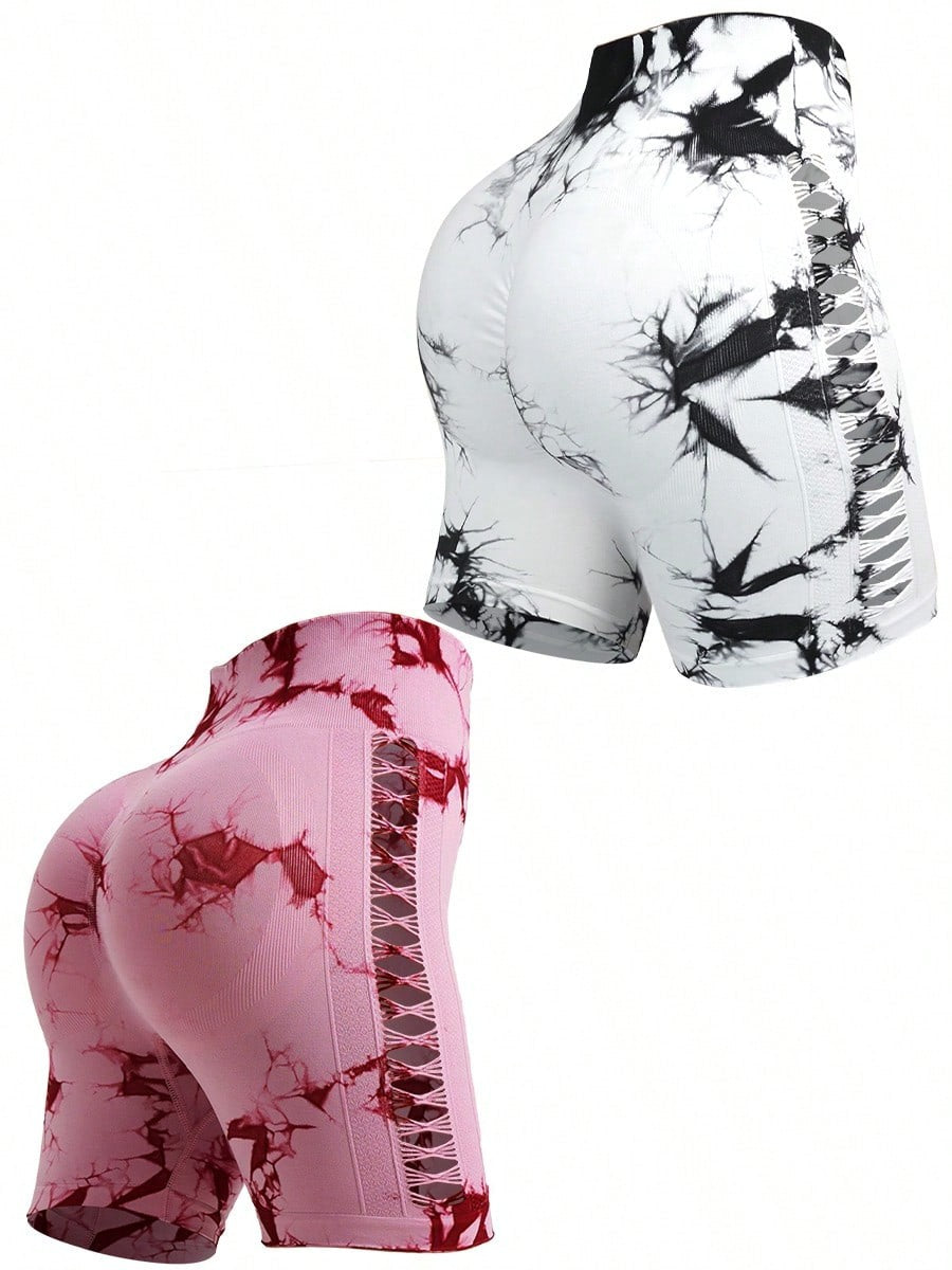 2pcs Tie Dye Mesh Yoga Pants Shorts High Waisted Hip Lifting Quick Drying Outdoor Sports Running Fitness Biker Trousers