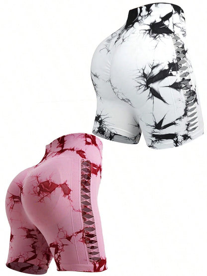 2pcs Tie Dye Mesh Yoga Pants Shorts High Waisted Hip Lifting Quick Drying Outdoor Sports Running Fitness Biker Trousers