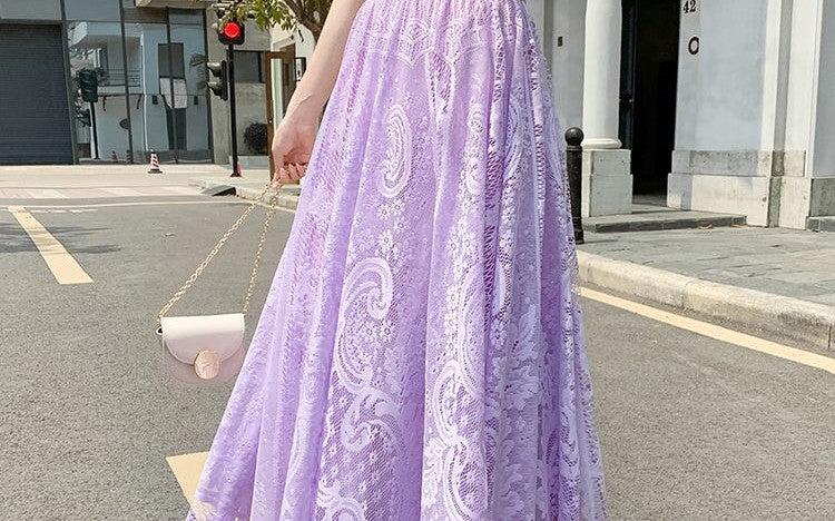 Plus Size plus Size Lace Hollow out f Skirt mid Waist Long Sle Fairy Skirt A-Line Umbrella Skirt Trendy Women's Clothing