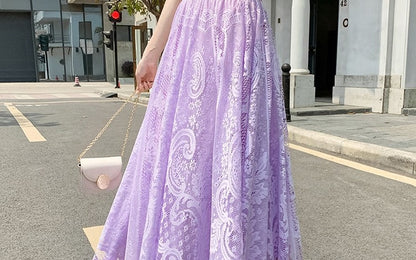 Plus Size plus Size Lace Hollow out f Skirt mid Waist Long Sle Fairy Skirt A-Line Umbrella Skirt Trendy Women's Clothing