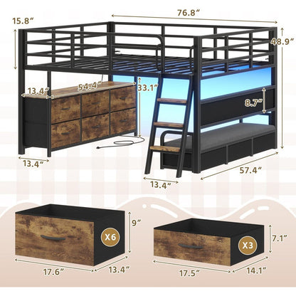Low Loft Bed Full Size, Full Size Loft Bed for Kids with 9 Storage Drawers & 15.8 H Safety Guardrail & Inclined Ladder & Safety