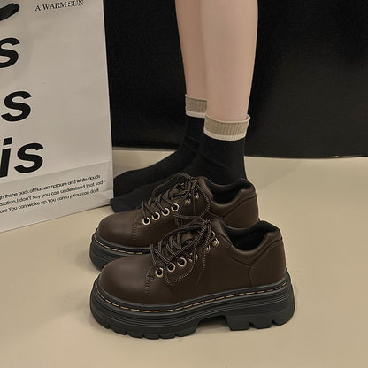 Womens Derby Shoes Autumn British Style Female Footwear Loafers With Fur Round Toe Clogs Platform Casual Sneaker Leather Fall Pr