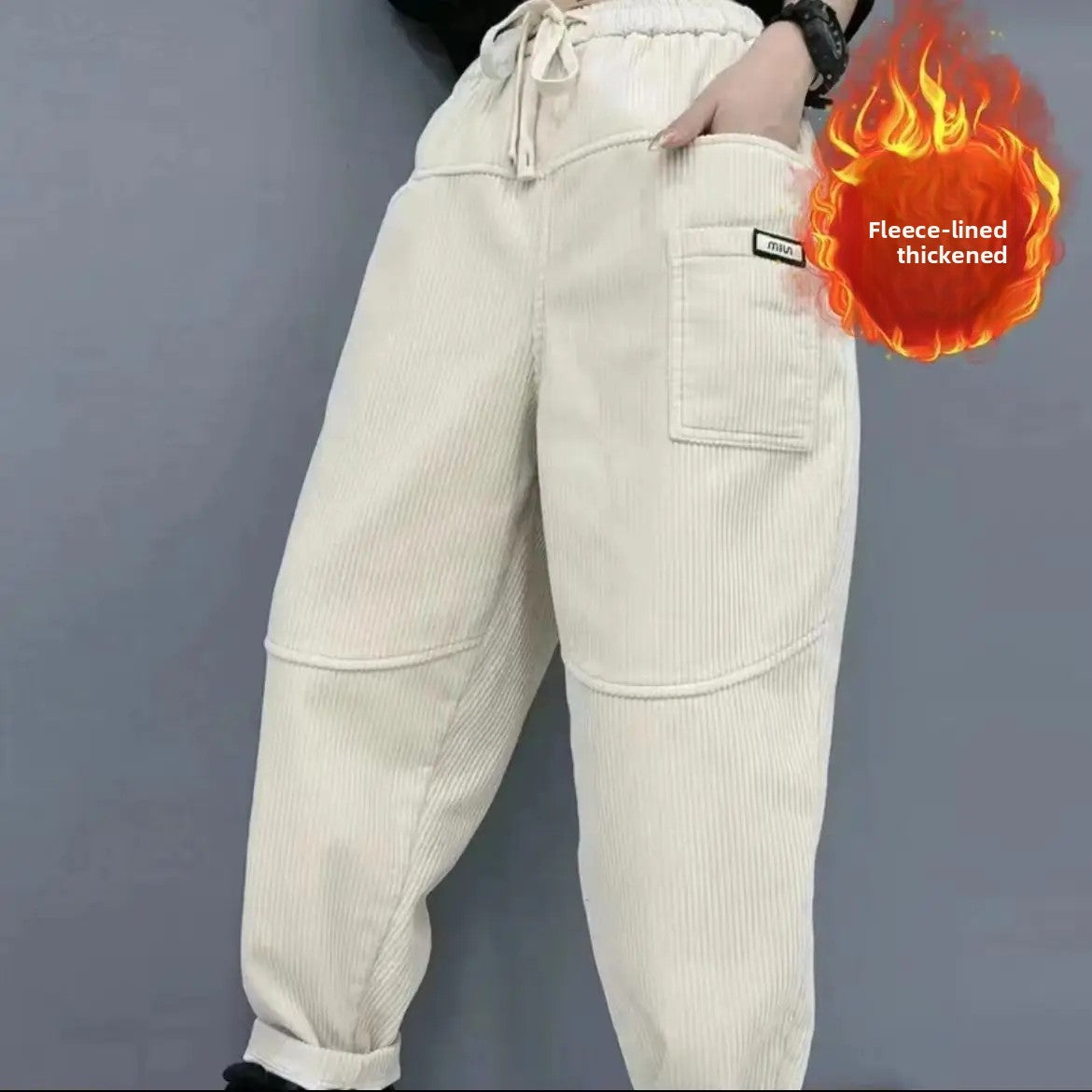 Thickened Fleece Lined Corduroy Harlan Pants Winter New Fashion Long Trousers Elastic Waist Loose Versatile Trendy Women's Cloth