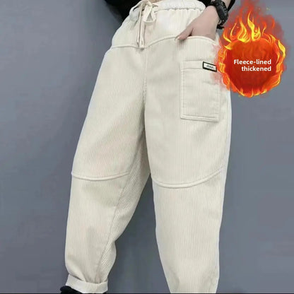 Thickened Fleece Lined Corduroy Harlan Pants Winter New Fashion Long Trousers Elastic Waist Loose Versatile Trendy Women's Cloth