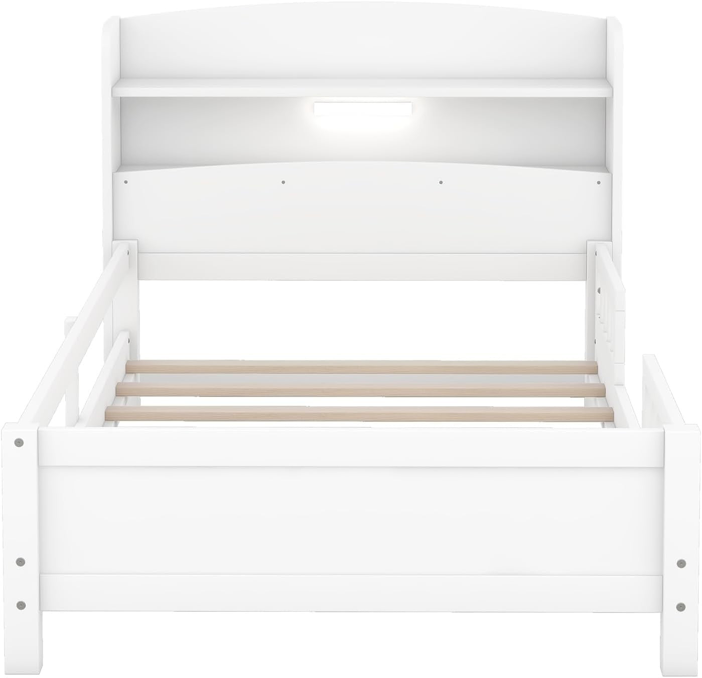 Estrutura de Cama de Solteiro com Cabeceira Armário, Branco - Cama Infantil de Madeira Maciça com Luz LED Embutida, Grade de Proteção e Estrado - 87L x 43