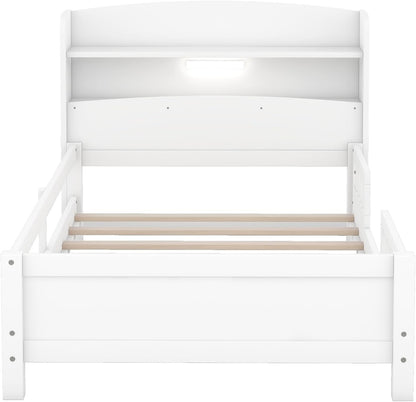 Estrutura de Cama de Solteiro com Cabeceira Armário, Branco - Cama Infantil de Madeira Maciça com Luz LED Embutida, Grade de Proteção e Estrado - 87L x 43