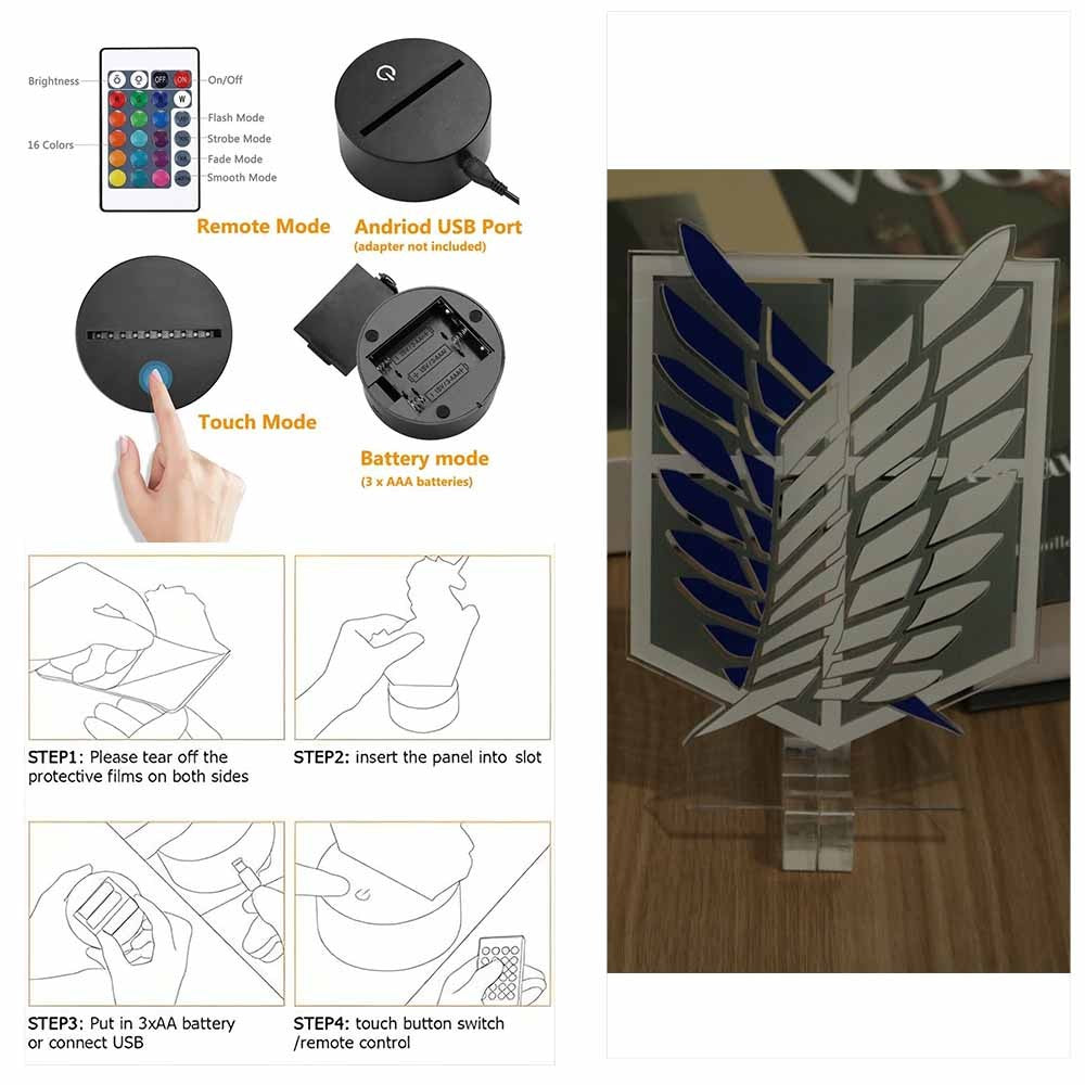 Anime Figures Attack on Titan 3D Lamp LED Night Light RGB16 Colors Lamps Remote Standing Sign Decor Bedroom Home Kids Toys Gifts