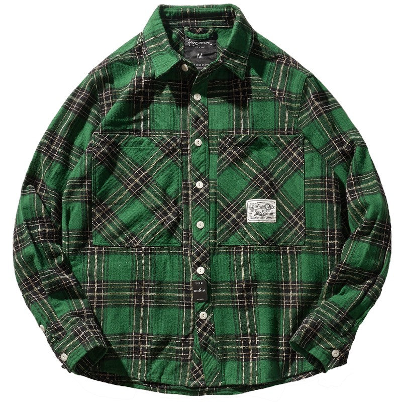 8112# Autumn New Japanese Retro Cargo Sueded Plaid Shirt Men's Fashion 100% Cotton Washed Old Pocket Long Sleeve Casual Blouses