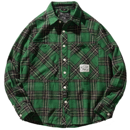8112# Autumn New Japanese Retro Cargo Sueded Plaid Shirt Men's Fashion 100% Cotton Washed Old Pocket Long Sleeve Casual Blouses