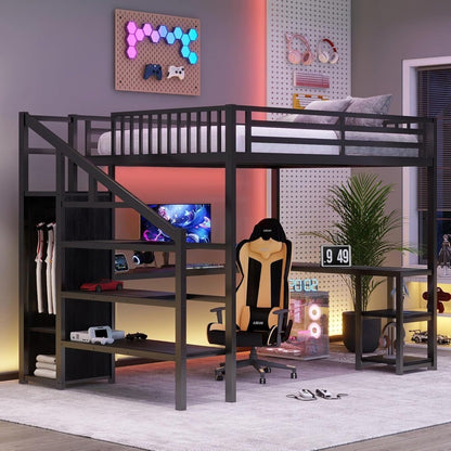 Cama Alta para Jogos Queen Size Adulto com Iluminação LED, Estrutura Robusta, Escada, Guarda-Roupa e Armazenamento