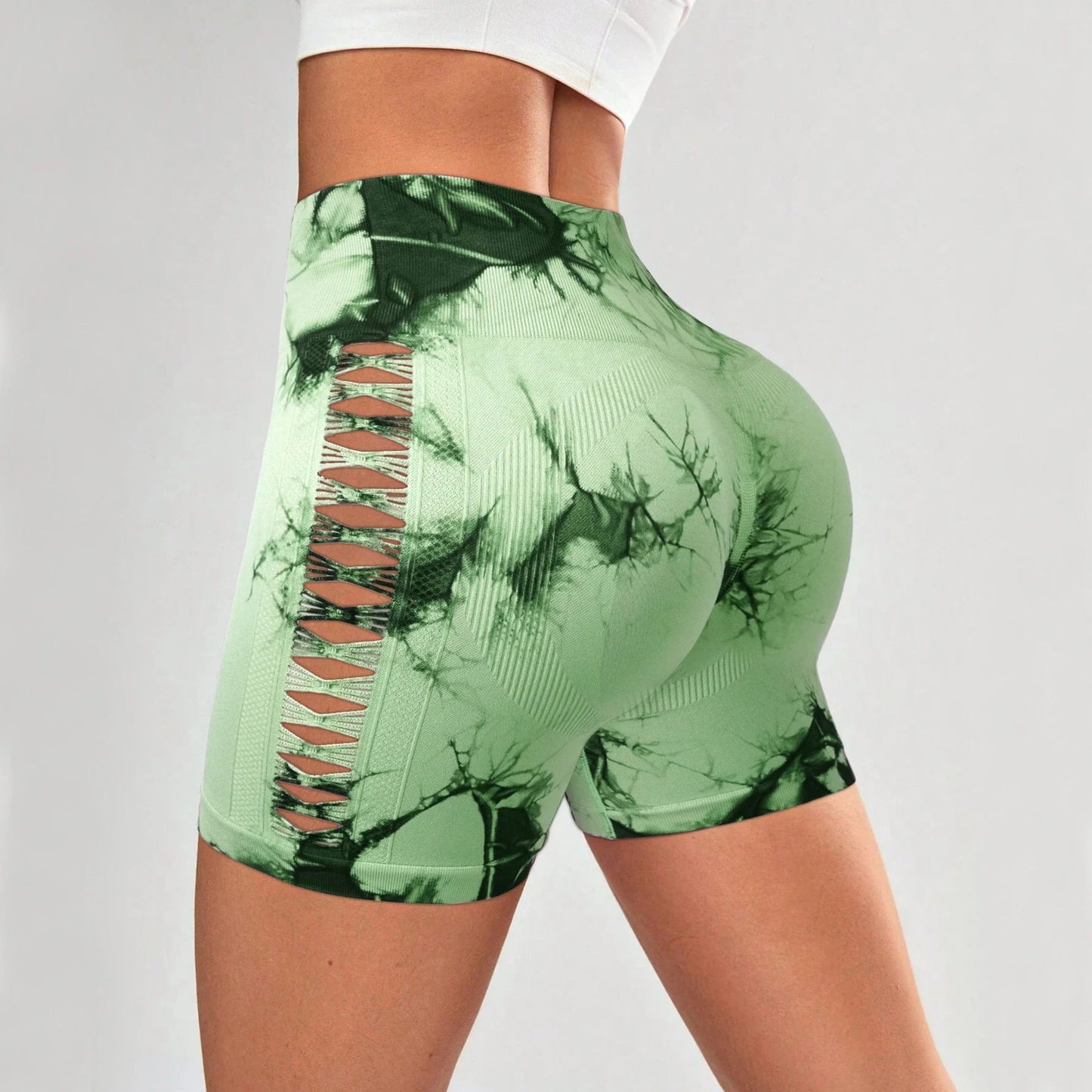 2pcs Tie Dye Mesh Yoga Pants Shorts High Waisted Hip Lifting Quick Drying Outdoor Sports Running Fitness Biker Trousers