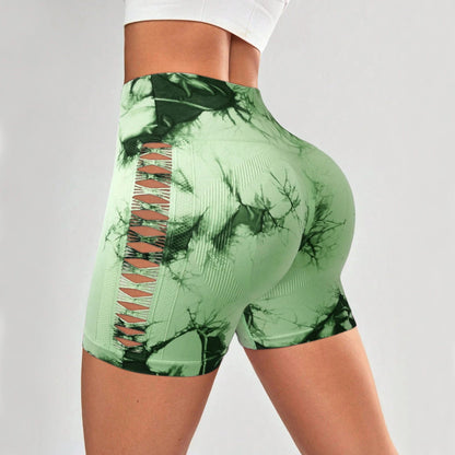 2pcs Tie Dye Mesh Yoga Pants Shorts High Waisted Hip Lifting Quick Drying Outdoor Sports Running Fitness Biker Trousers