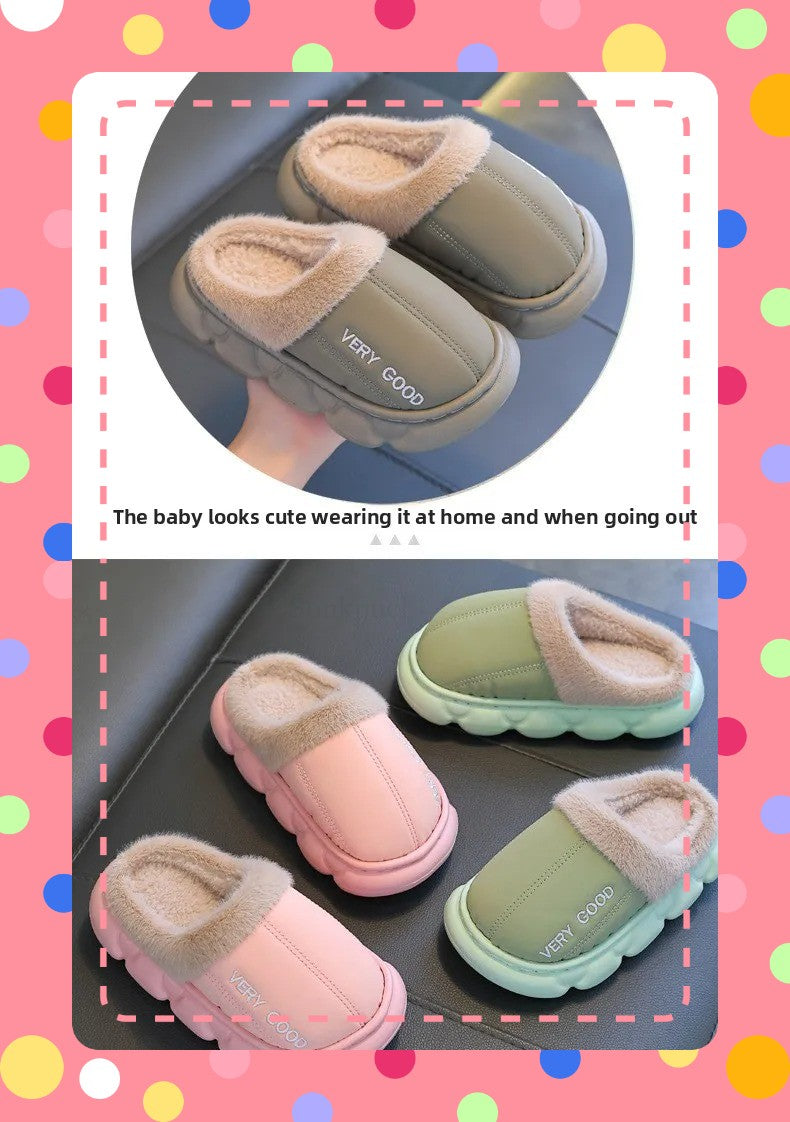 Waterproof Anti-Slip Kids Slippers Winter Warm Plush House Shoes for Boys Girls Indoor Outdoor Home Use